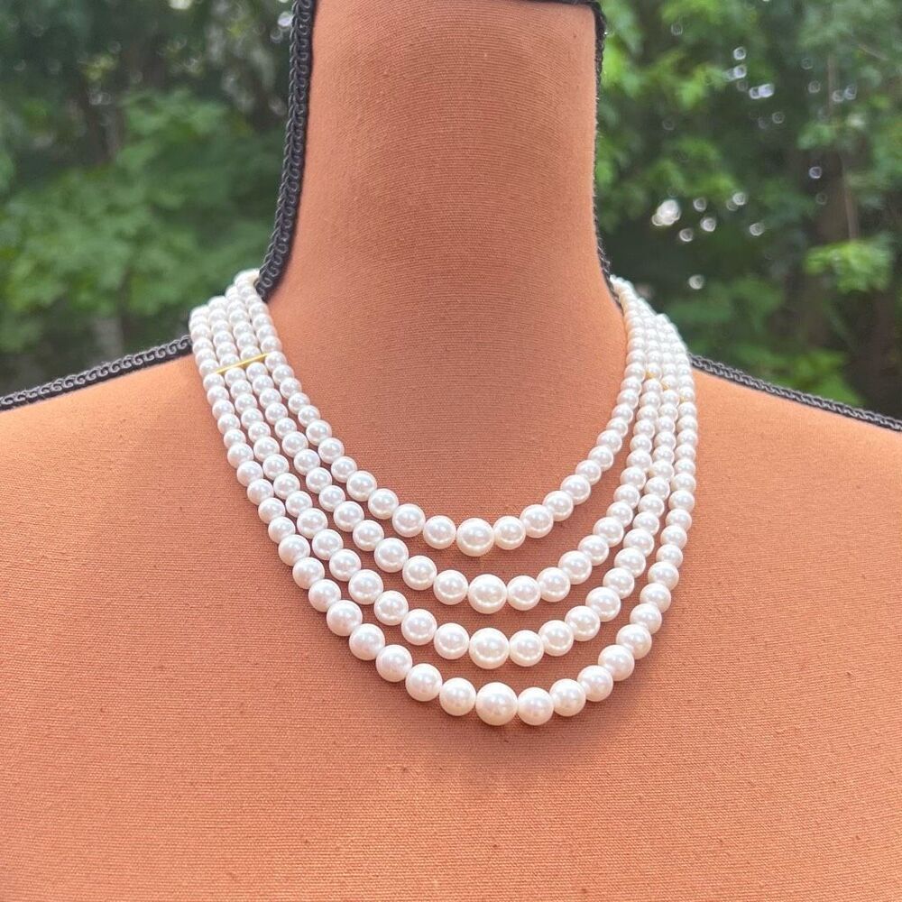 Vintage Tri-Strand Graduated Faux Pearl Choker  Bib Collar Necklace Hook Closure